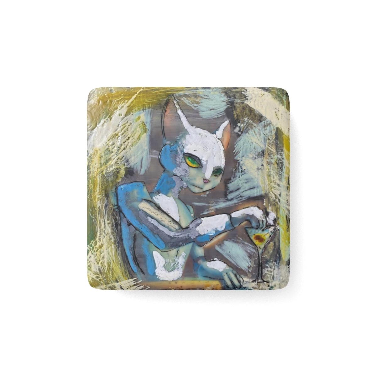 "Robo Kitty" Porcelain Magnet, Square-Home Decor - Mike Giannella - Encaustic Painting - Mixed Media Artist - Art Prints